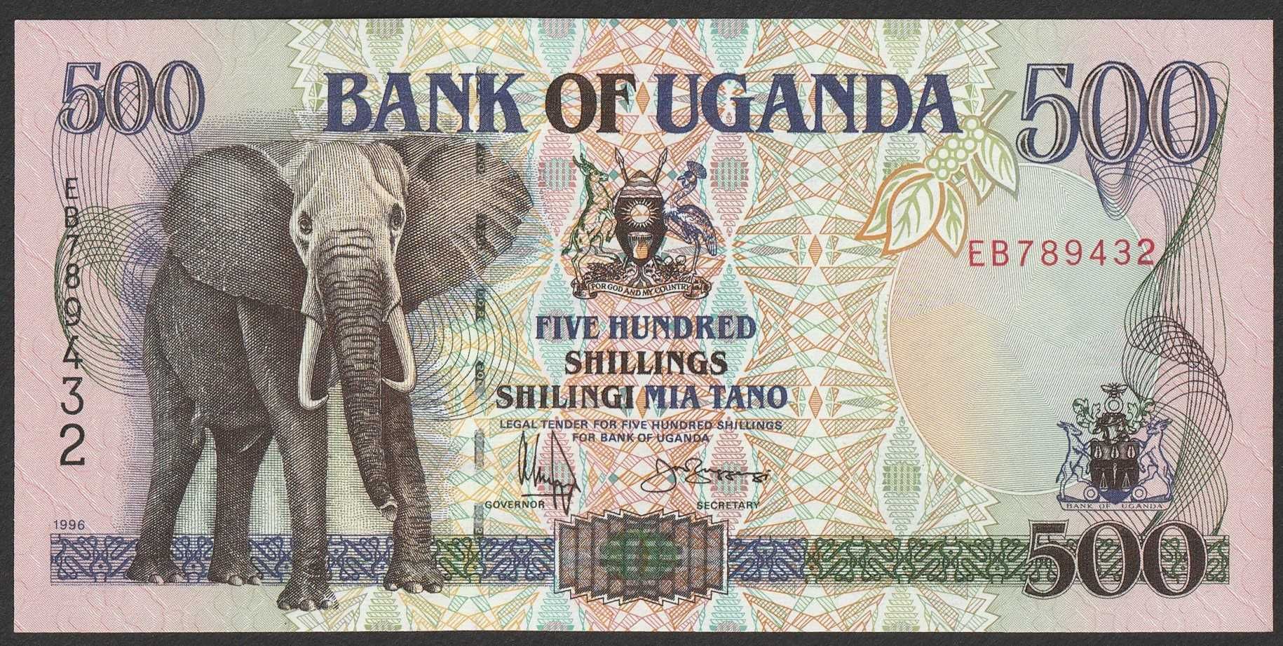 Uganda 500 shilling 1996 - SŁOŃ - stan bankowy UNC