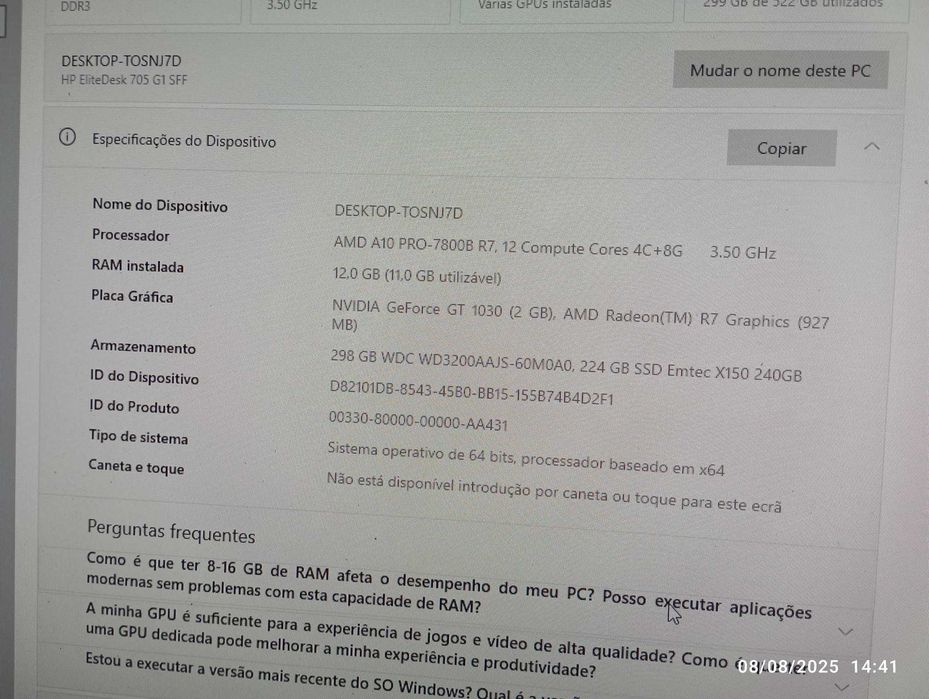 Computador HP Elitedesk 705 G1 C/ placa Gráfica Nvidia Geforce GT 1030