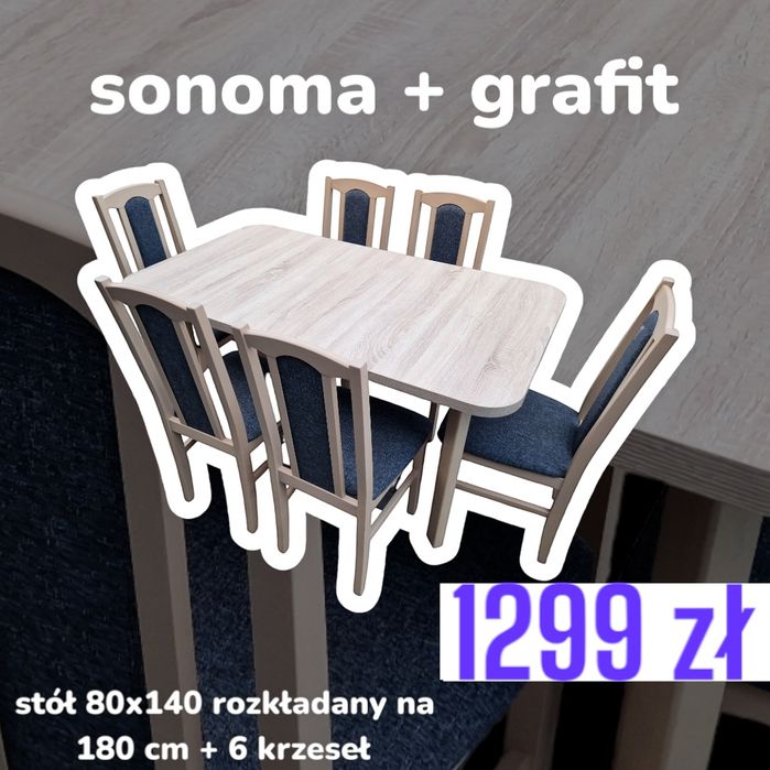 Nowe: Stół rozkładany + 6 krzeseł, SONOMA + GRAFIT, dostawa cała PL