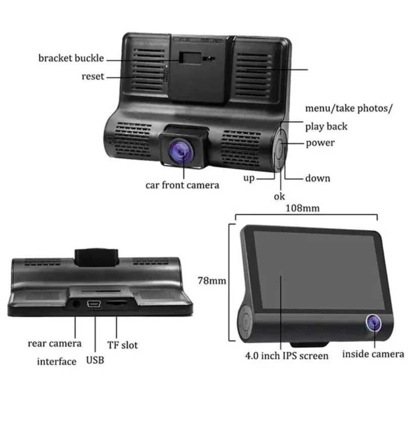 Dashcam com 3 câmaras / Com Bateria