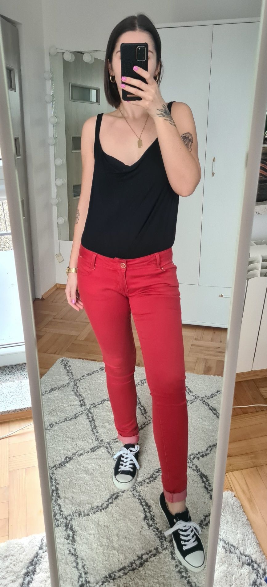 Spodnie skinny rurki czerwone z niskim stanem elastyczne rozciągliwe