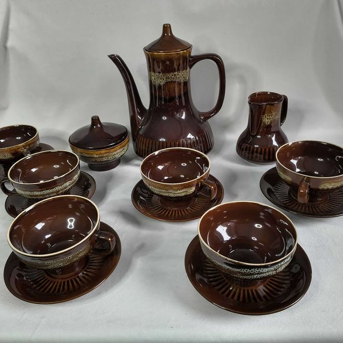 Serwis kawowy Mirostowice brązowe szkliwo reaktywne. komplet 6-osobowy