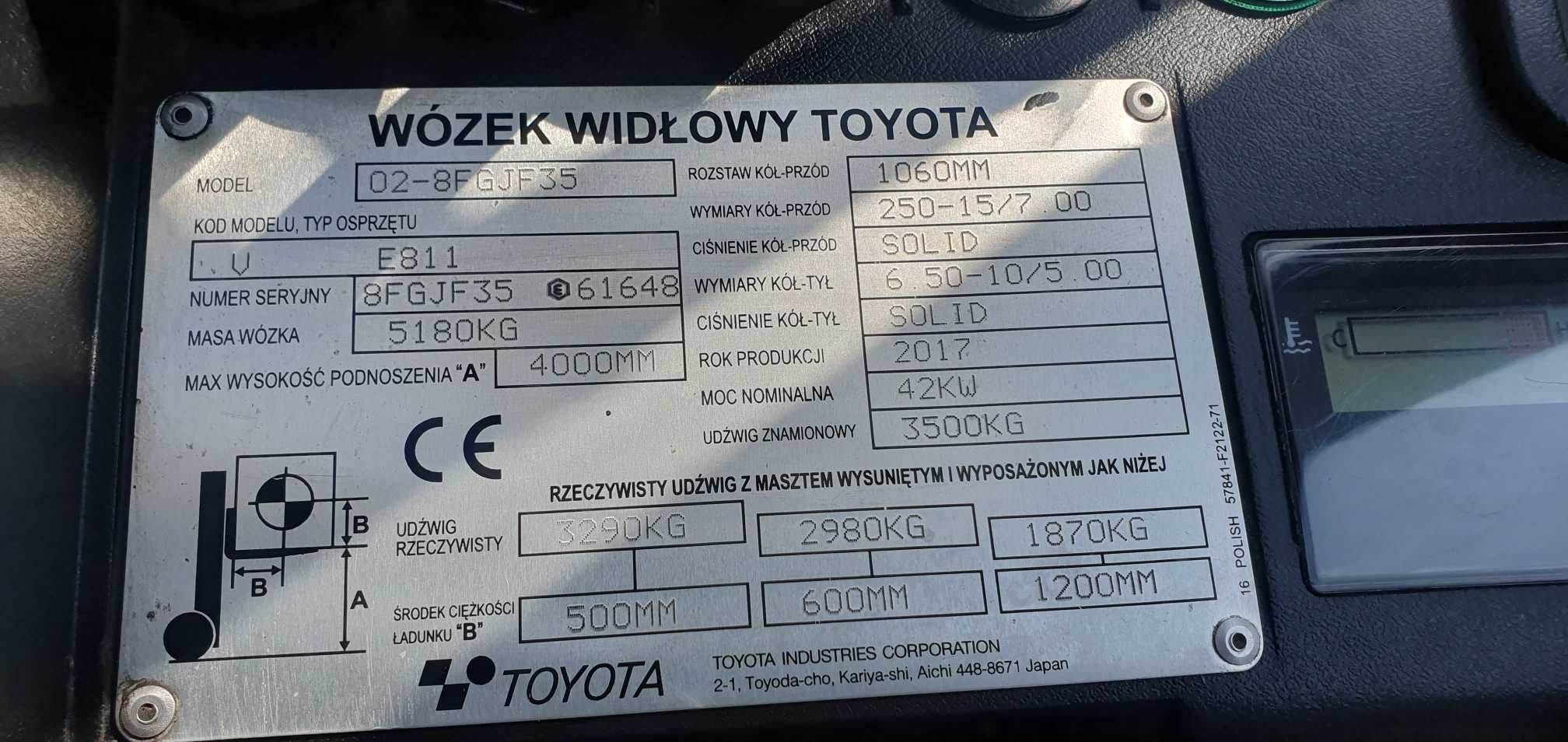 WÓZEK WIDŁOWY Toyota 02-8FGJF35 rok 2017 3,5tony kabina ogrzewanie