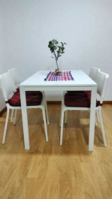 Conjunto mesa, 4 cadeiras e almofadas de assento