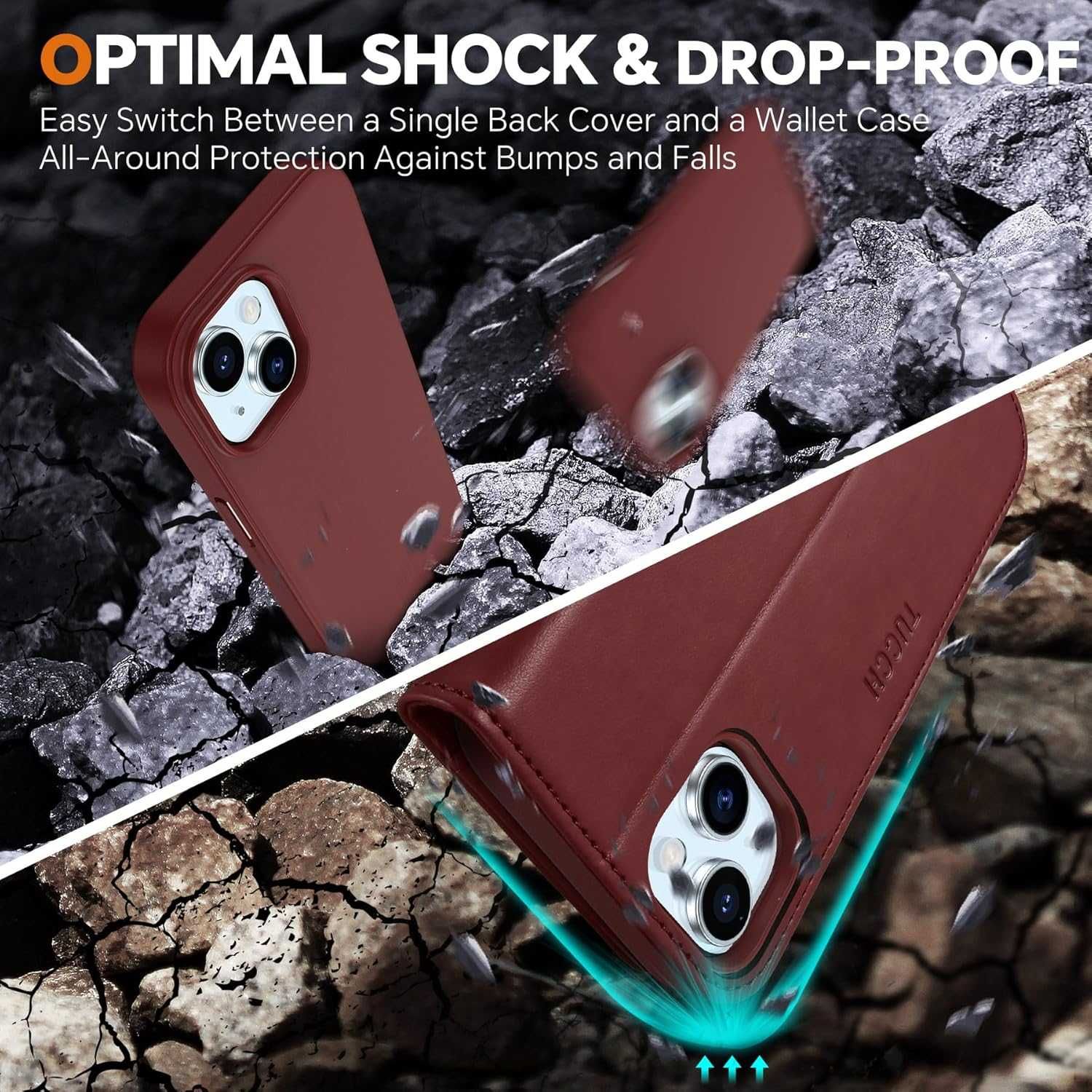 TUCCH iPhone 15 Plus etui skórzane magnetyczne bordowe Portfel  2w1