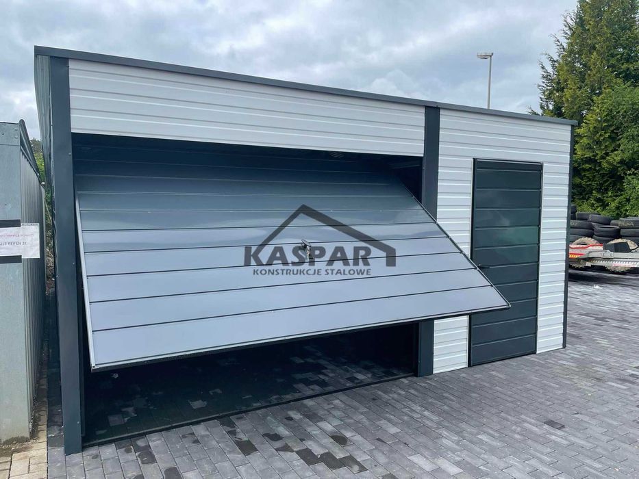 Garaż blaszany 5x6 Brama uchylna x2 + drzwix2 biały spad w tył  GP121