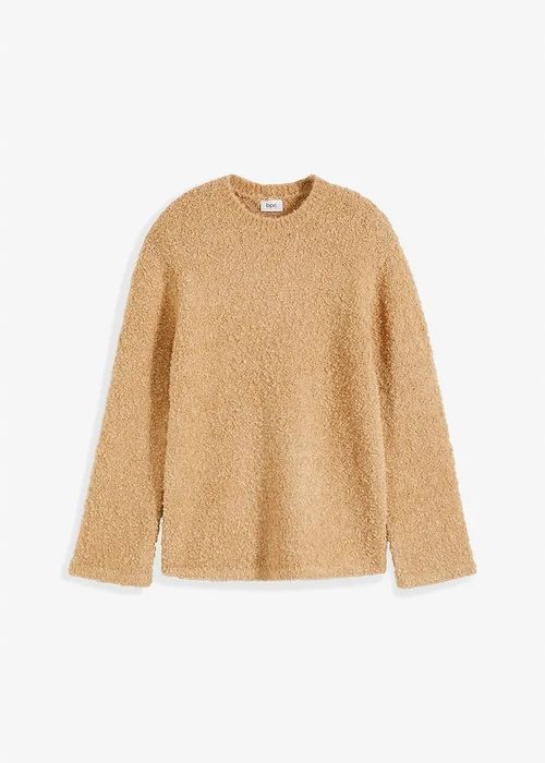B.P.C sweter beżowy z przędzy boucle z poszerzanymi rękawami 48/50.