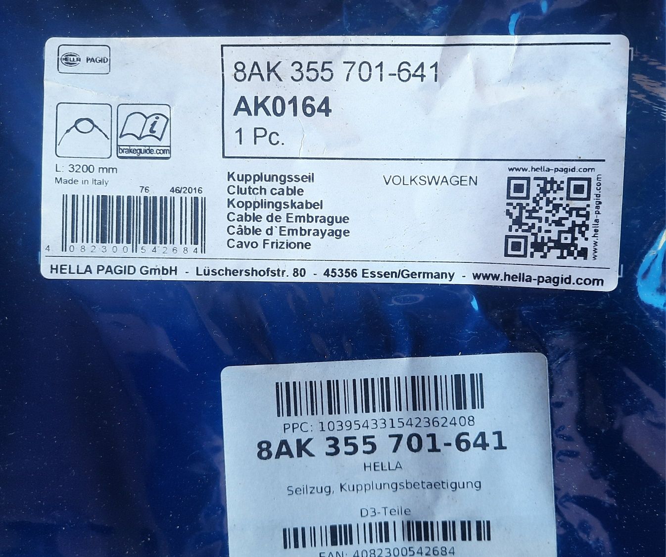 Cabo de embraiagem Hella para VW antigo 3200mm de comprimento