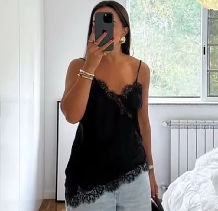 Топ чорний атласний асиметричний zara мереживний в білизняному стилі