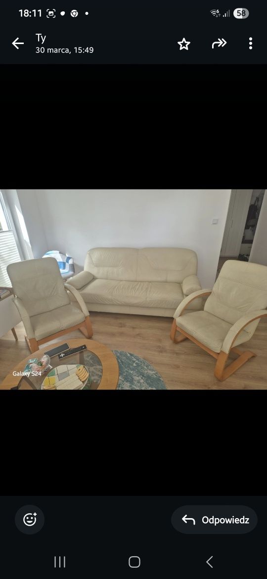 Sofa z fotelami skóra naturalna z funkcją spania