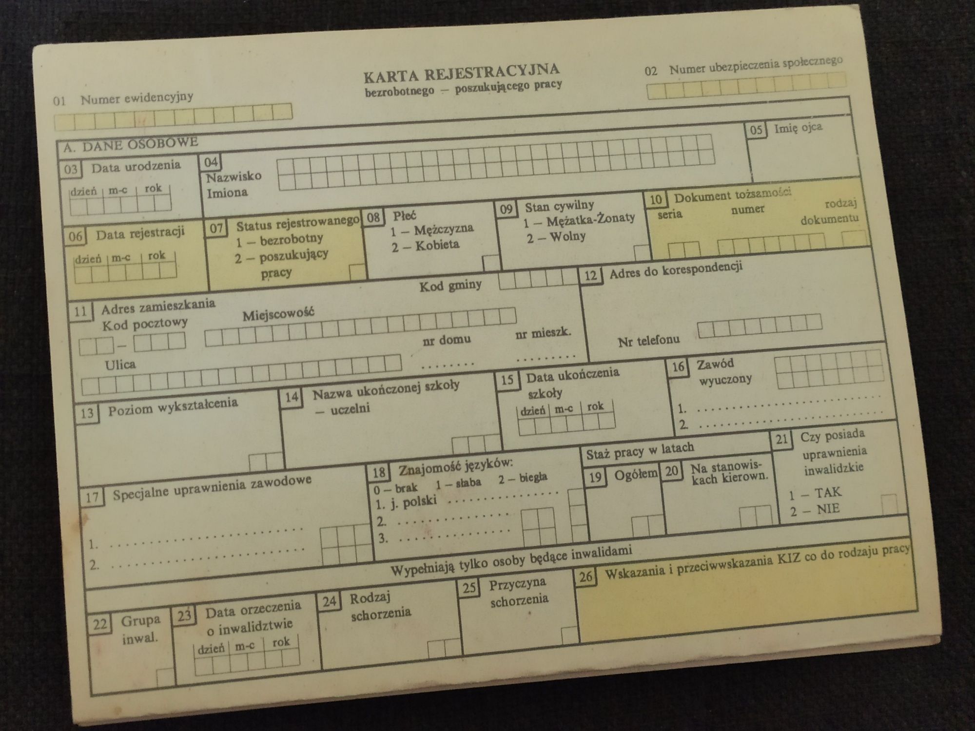 Unikat - karta rejestracyjna bezrobotnego z 1991 r. dla kolekcjonerów