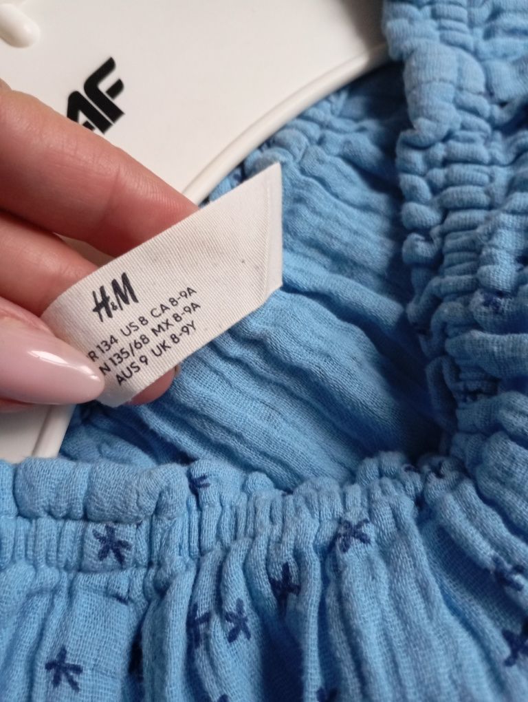 H&M 8-9lat muślinowa naturalna niebieska sukienka trapezowa