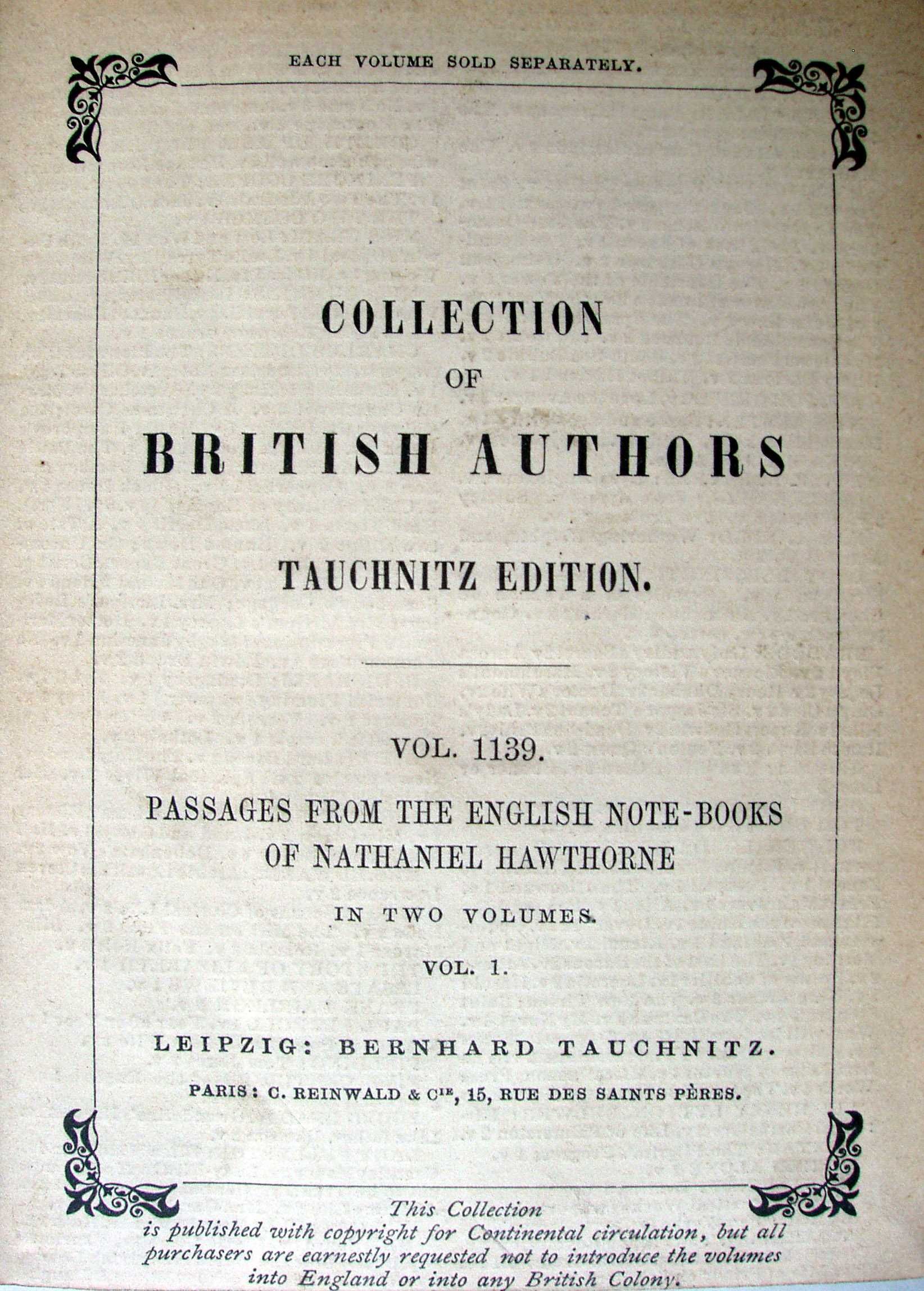 Passages from the English Notebooks of Nathaniel Hawthorne. 1871