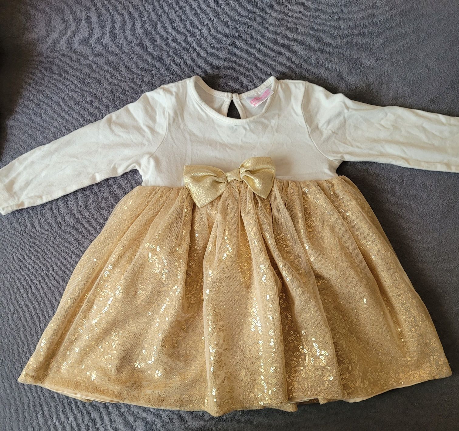 Sukienka 86 złoto biel kokarda cekiny balowa sylwester