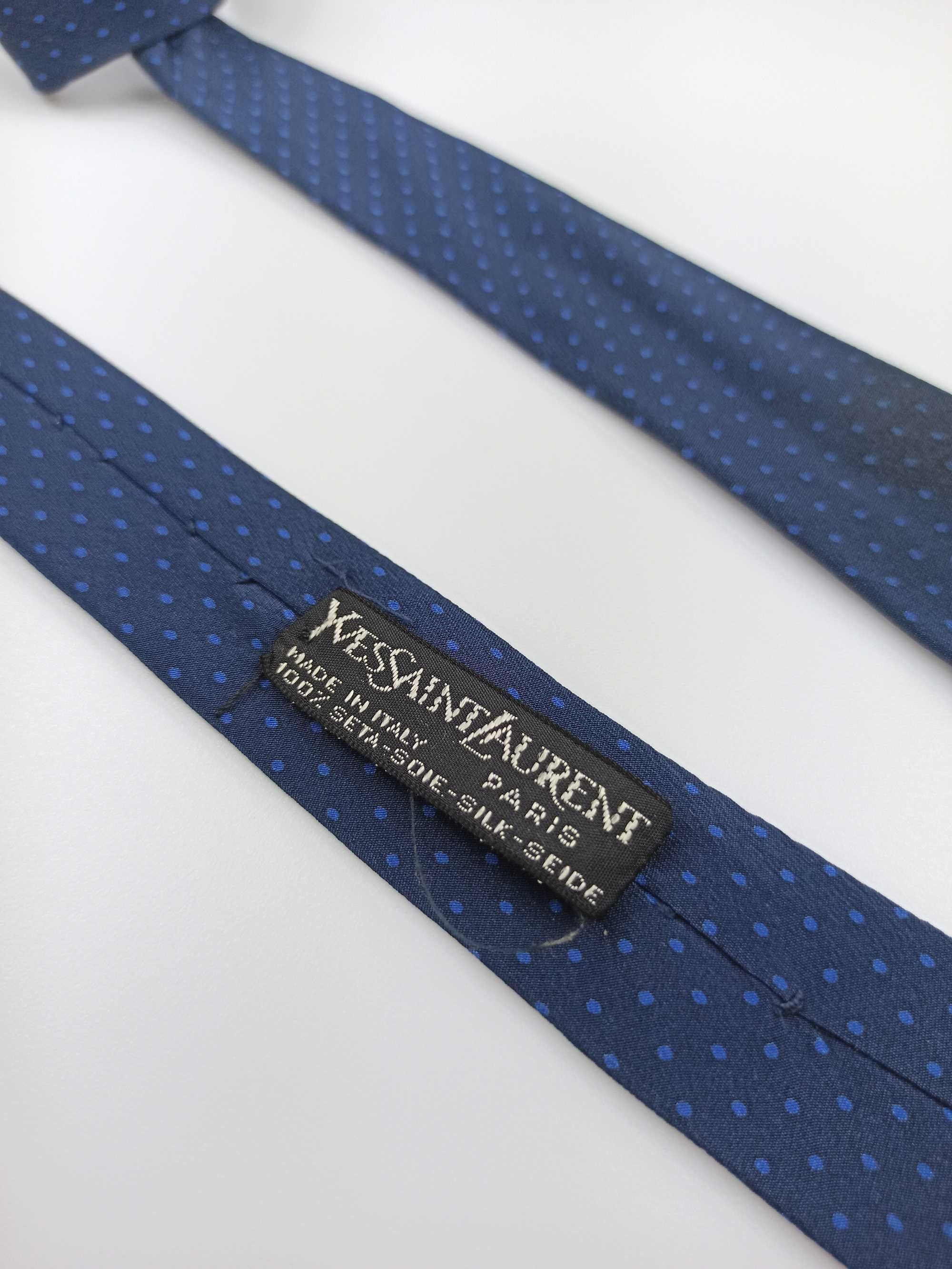 Yves Saint Laurent granatowy jedwabny krawat w groszki ysl12