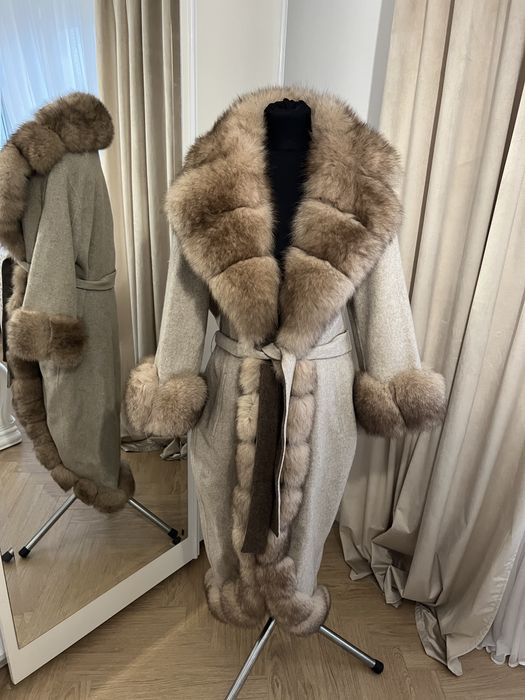 Płaszcz wełniany futro naturalne mokka taupe luksusowy L/XL