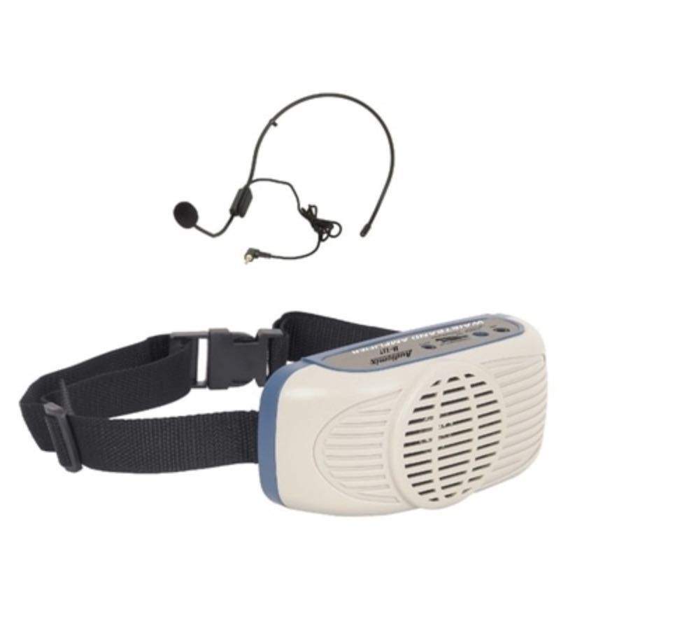 Microfone portatil headset com amplificador de cintura.