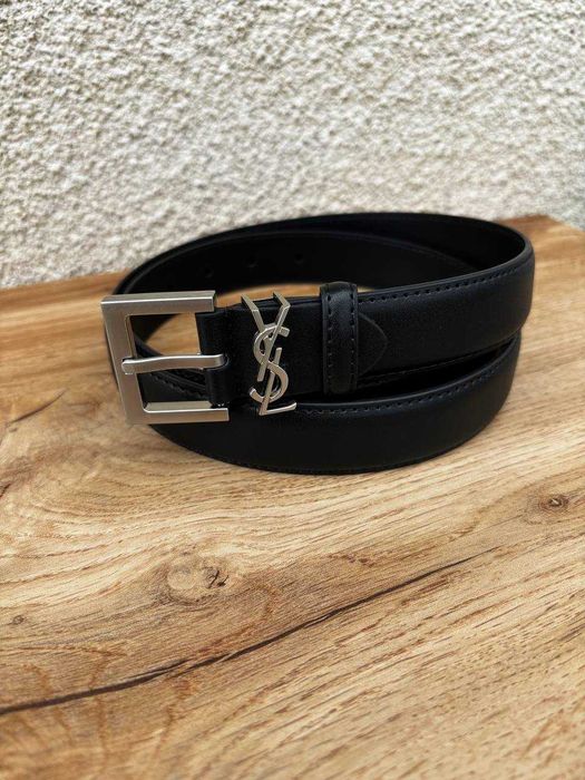 Pasek YSL skórzany czarny z srebrną klamrą nowy