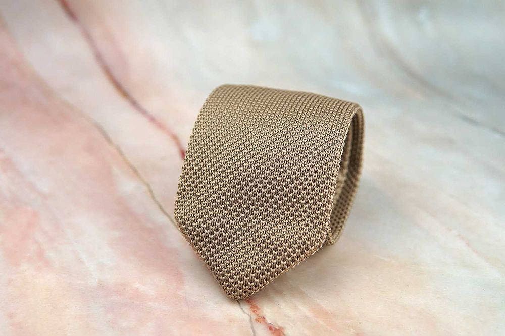 NOWY krawat knit dziergany beżowy złoty kremowy ślubny męski boho