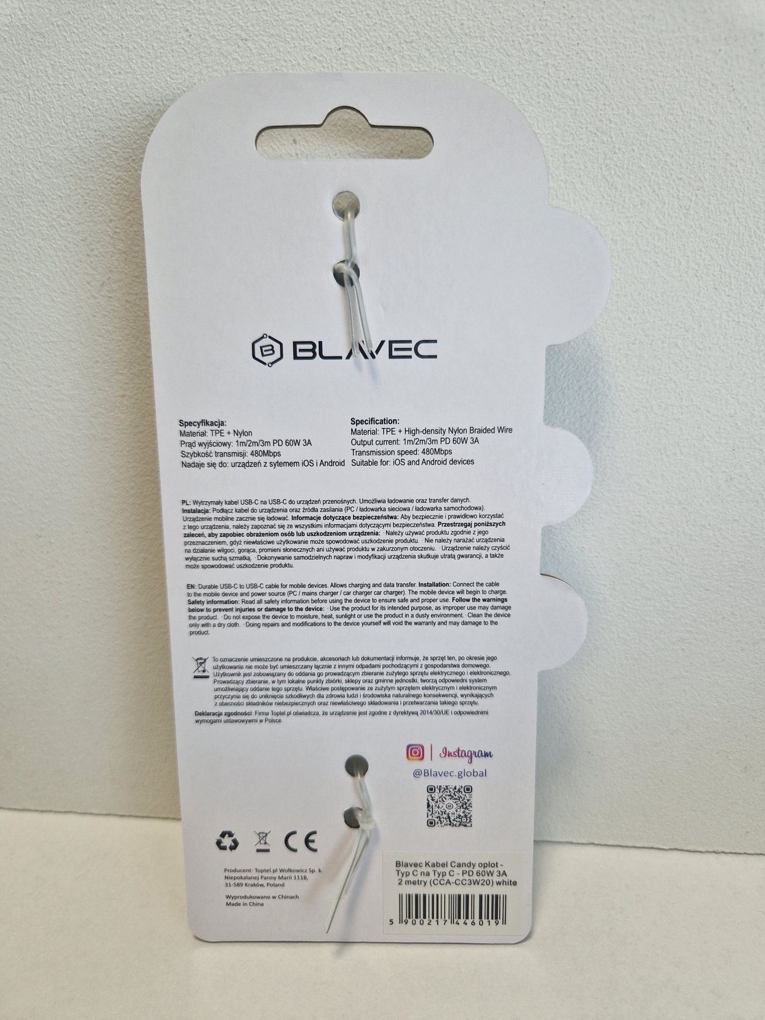 Blavec Kabel Candy oplot - Typ C na Typ C - PD 60W 3A 2 metry
