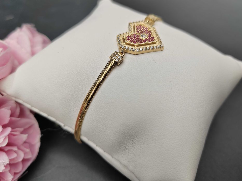 NOWA Złota Bransoletka Różowe Serce 19cm / Złoto 585