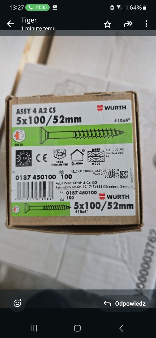 Wurth Assy 4 A2 CS 5x100/52mm inox stal nierdzewna