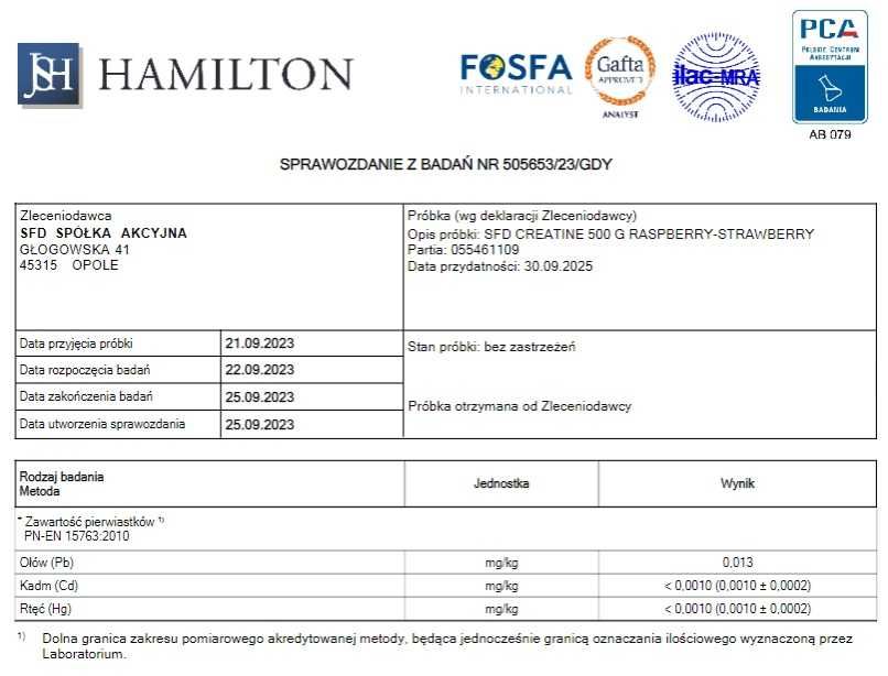 Kreatyna SFD 500g Creatine Monohydrat smak jagoda