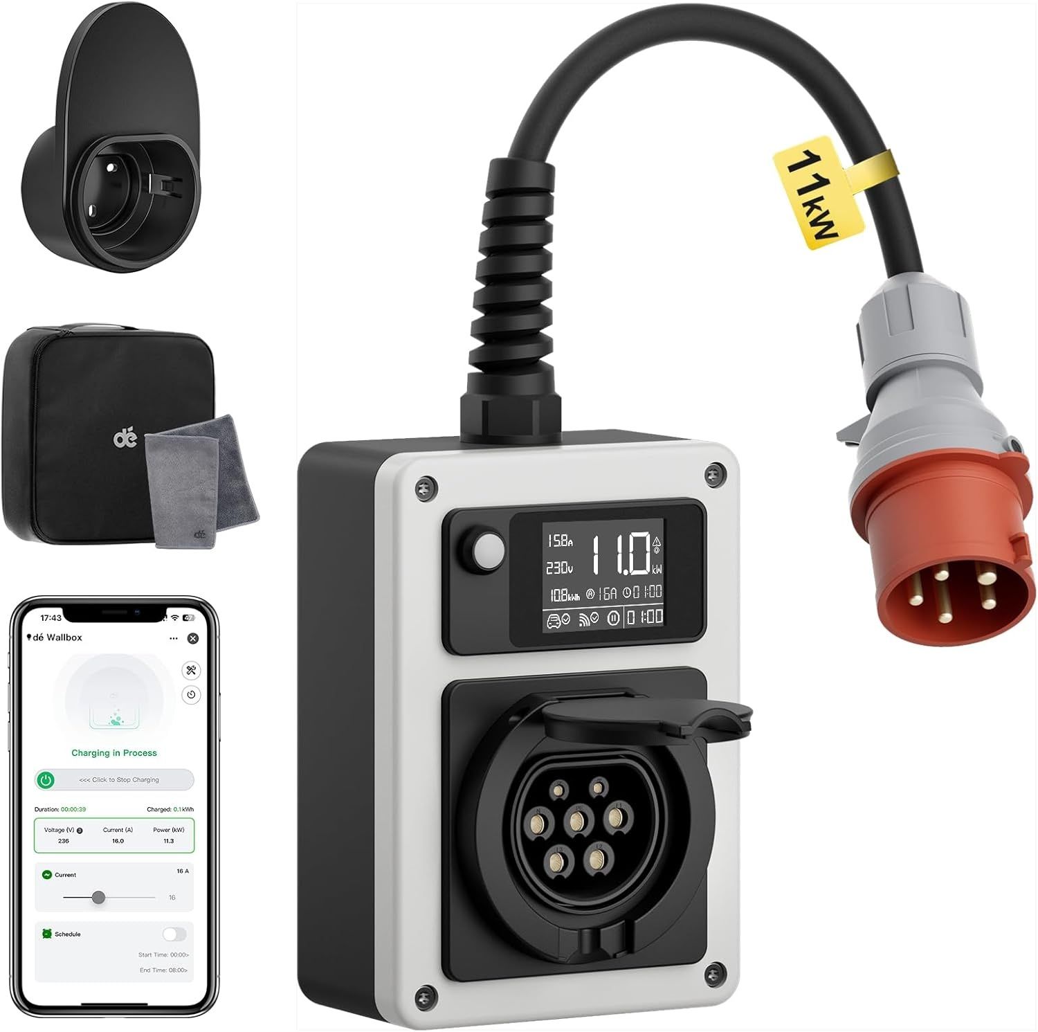 Ładowarka samochodowa dé Przenośny wallbox 11 kW z aplikacją EV Charge