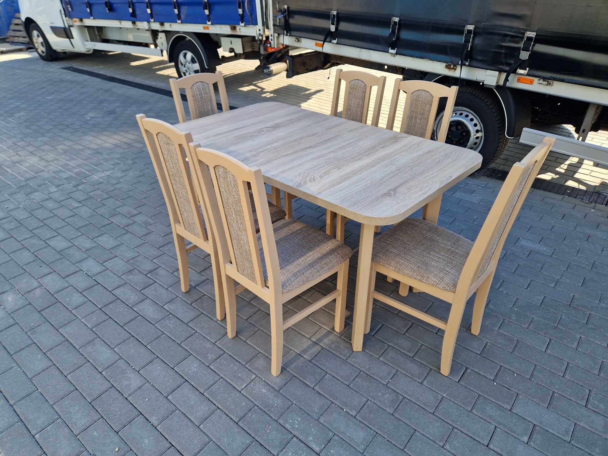 Stół 80x140/180 + 6 krzeseł, nowe, sonoma + cappuccino, dostawa całaPL