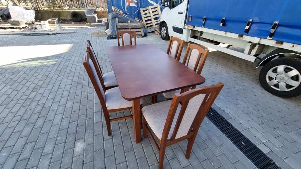 Nowe: Stół 80x140/180 + 6 krzeseł, kasztan + kawa z mlekiem, transPL