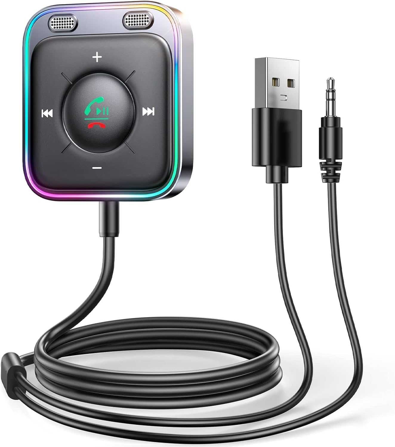 Adapter samochodowy Aux Bluetooth z zestawem głośnomówiącym.