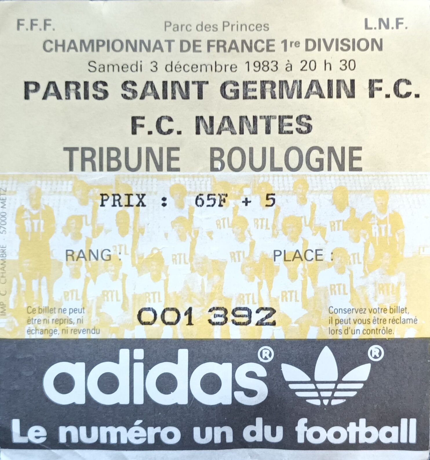 PSG Bilhete 1/4 final taças das taças 1983