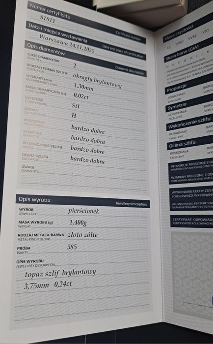 Złoty pierscionek z topazem i diamentami 585 certyfikat
