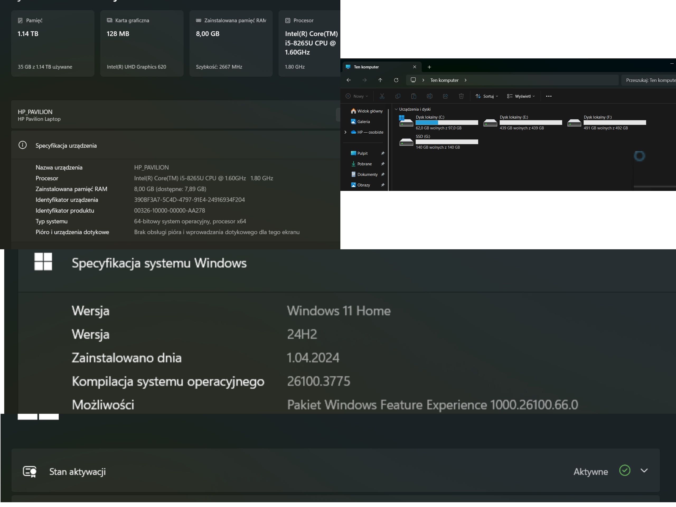 HP Pavilion 15 i5-8265U 1TB HDD + 256GB SSD Windows 11 STUDIA PRACA