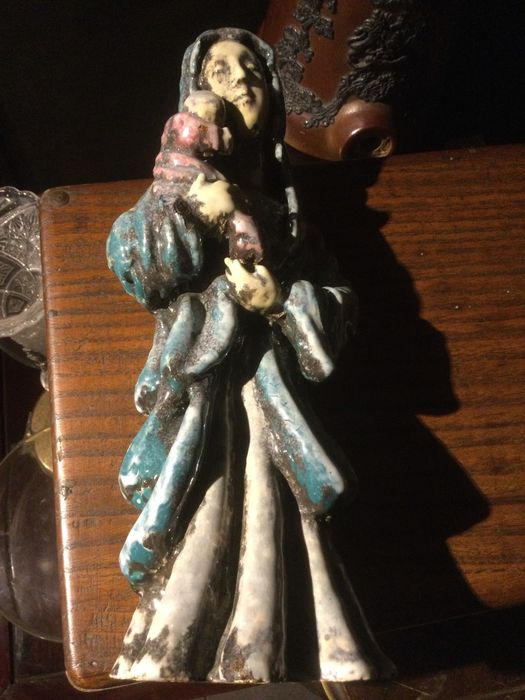 Escultura Modernista Nossa Senhora Menino Terracota 29 cm Arte Sácra