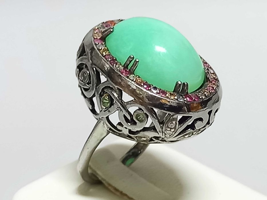 Biżuteria dawna, pierścionek, awenturyn, szafiry, diamenty, srebro 925