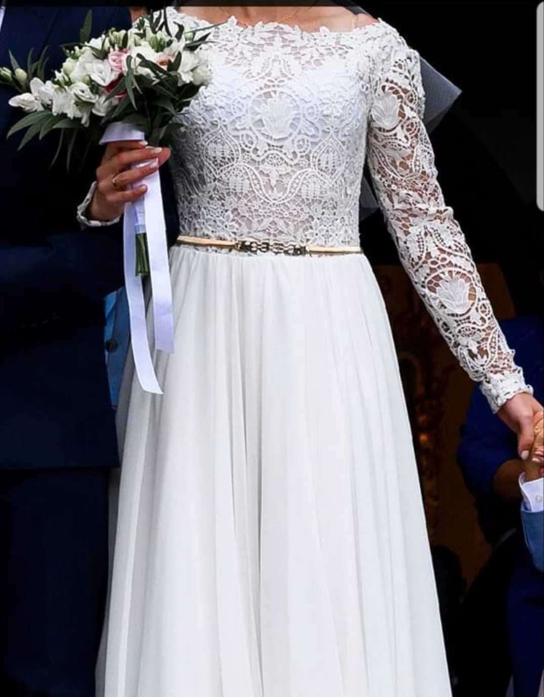 Suknia ślubna gipiura koronka długi rękaw