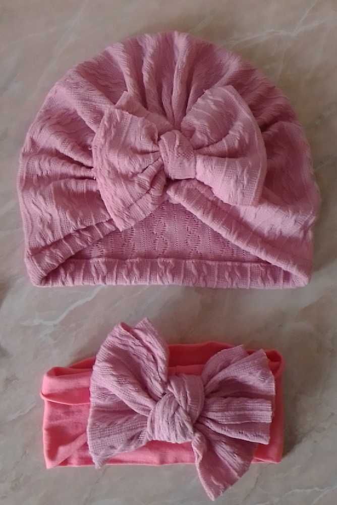 Новая детская розовая шапочка тюрбан плюс повязка, с бантиком трикотаж