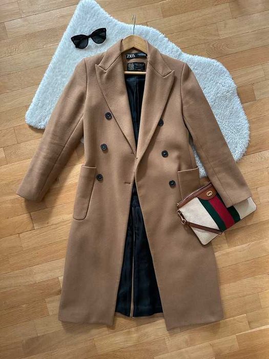 Płaszcz Zara wełna Manteco wełniany brązowy camel rozm XS NOWY