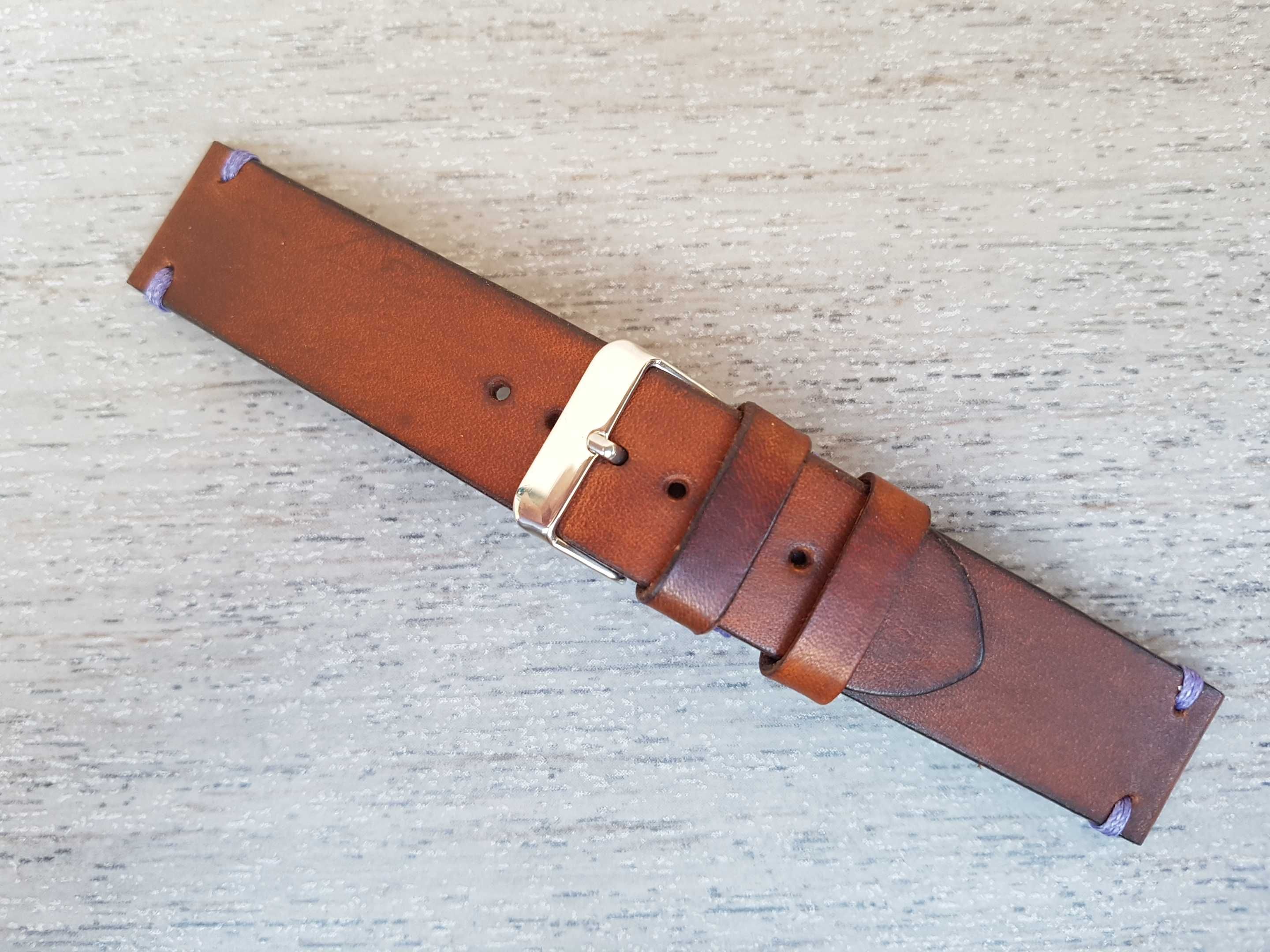 Skórzany pasek zegarka 22 mm lawendowe przeszycia