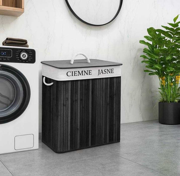Kosz Bambusowy na pranie bieliznę Zamykany Dwukomorowy Pojemnik 100l