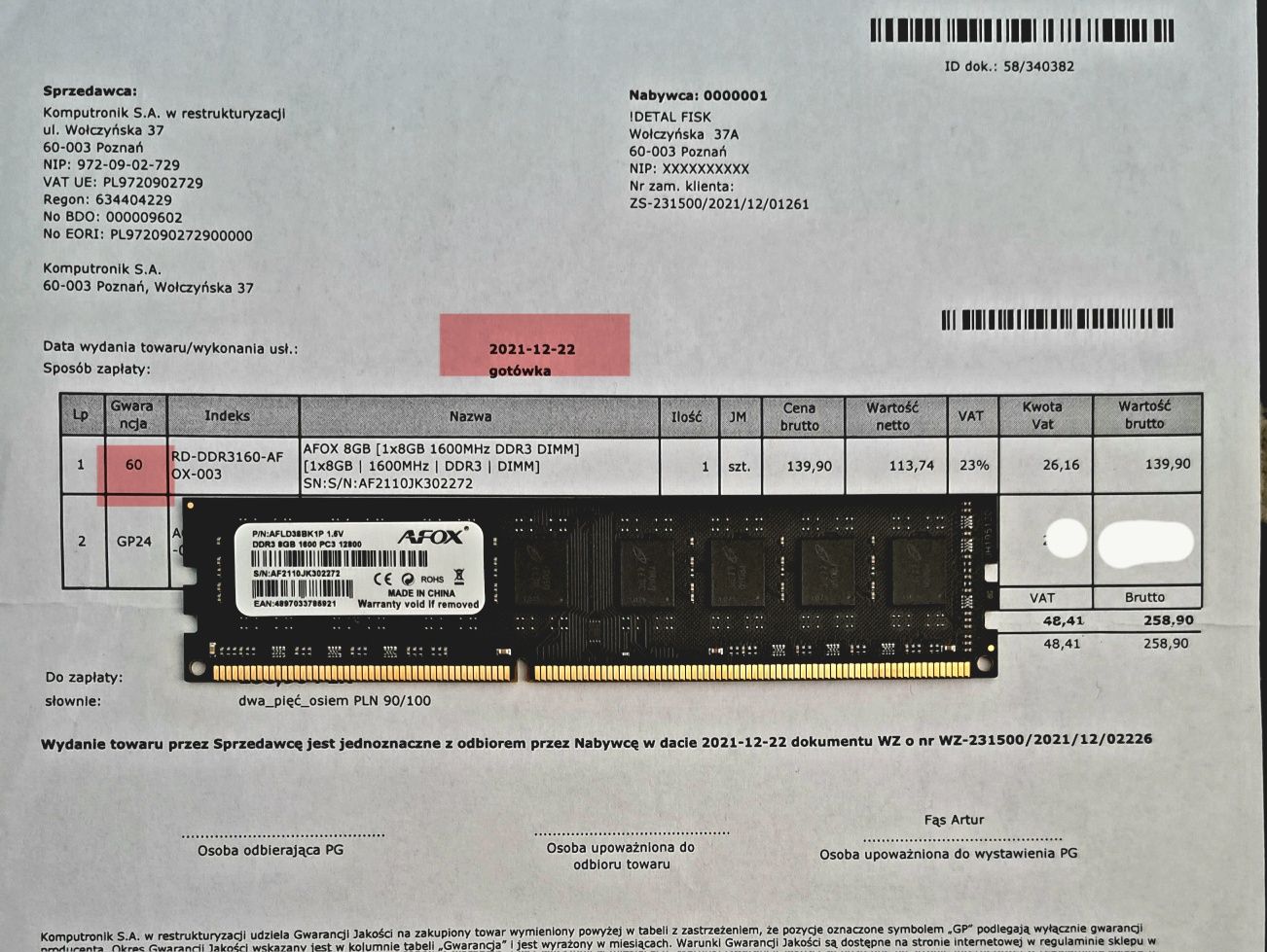 Pamięć ram Afox DDR3 DIMM 8GB 1600MHz 1,5V PC3 12800 prawie nowa