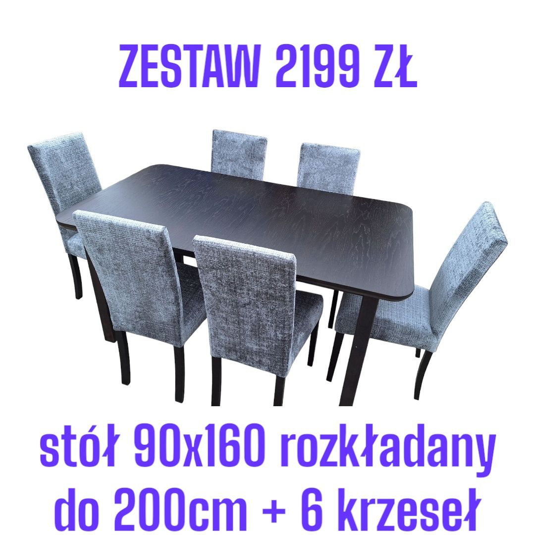 Stół 90x160/200 + 6 krzeseł, fornir ,kolor do wyboru, dostawa cała PL