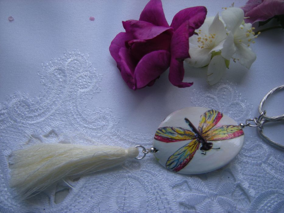 kolorowy naszyjnik 96cm kwiaty ważka chwost decoupage