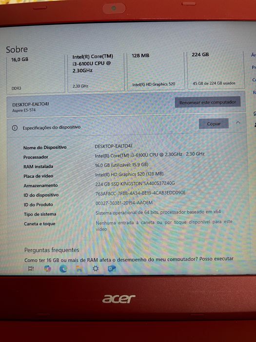 Notbook ACER 5 128MB 16GB