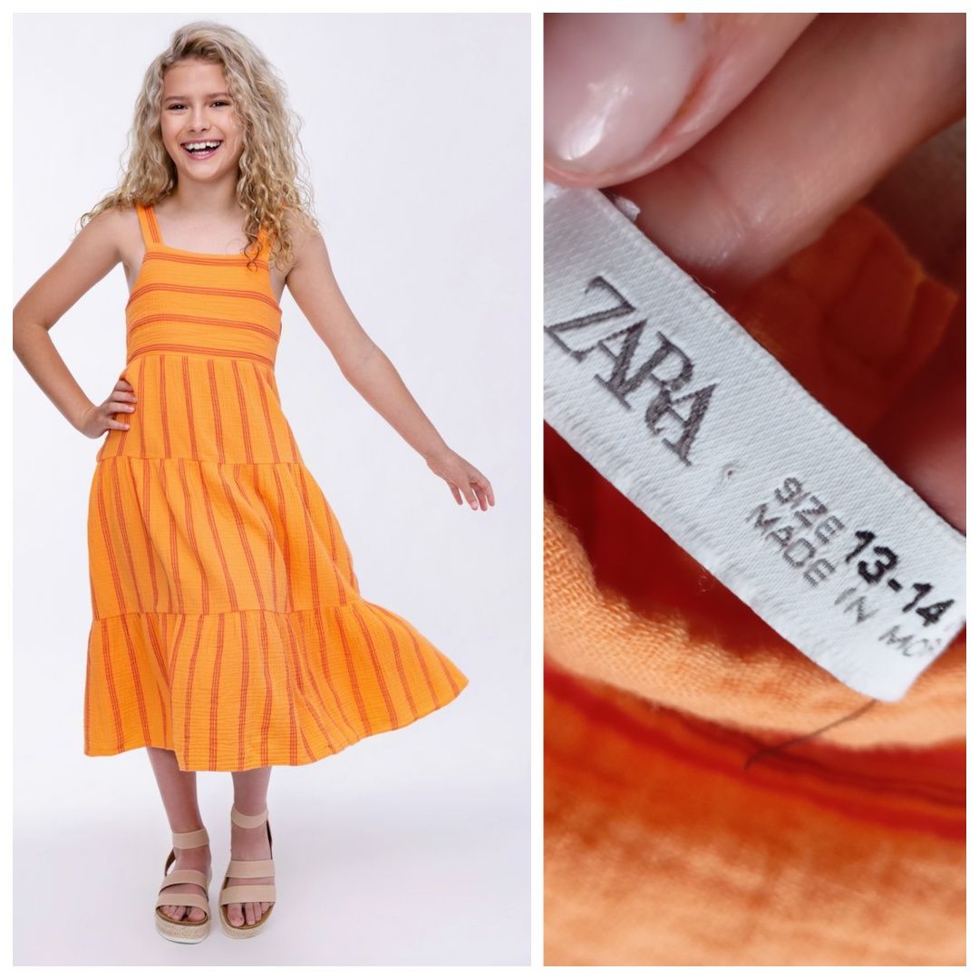 ZARA 13-14L długa bawełniana pomarańczowa sukienka maxi