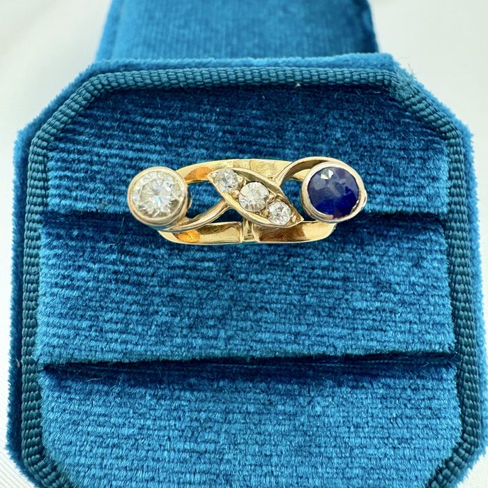 Art deco pierścionek złoto 14 k szafir naturalny diamenty 0.28 ct r.16