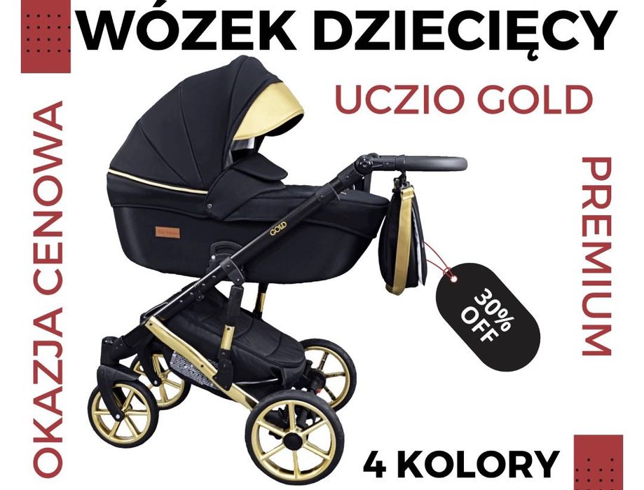 NOWY Wózek dziecięcy Gold Uczio Złoty 3w1 Fotelik Spacerówka + Dodatki