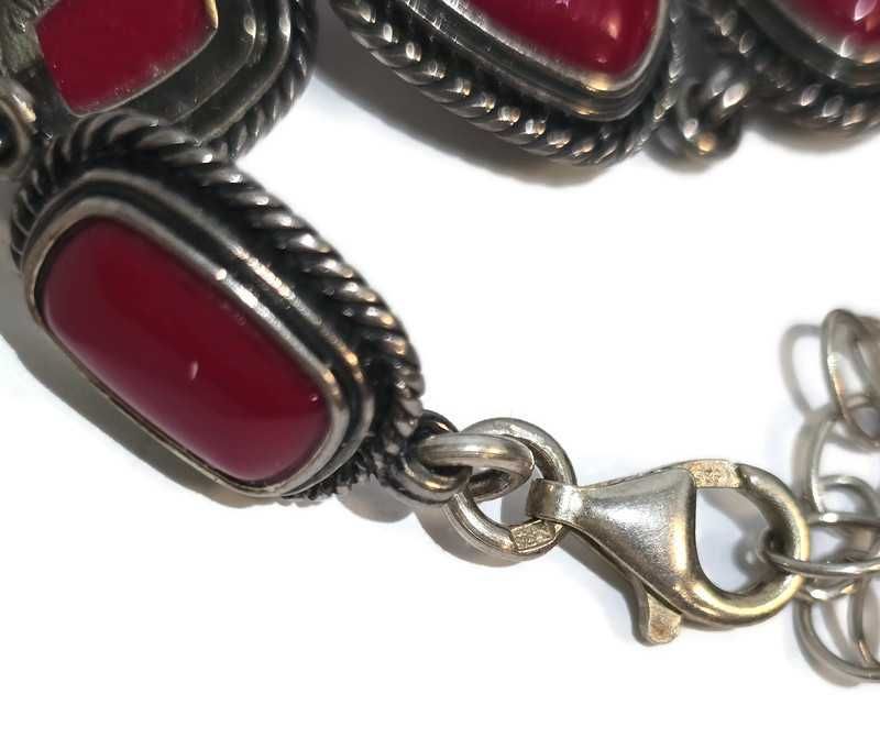 Srebrna bransoletka z czerwonymi kamieniami 925/16,87g, dł:20-23cm