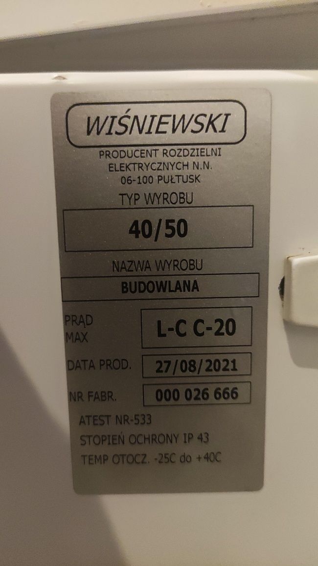 Erbetka budowlana rozdzielnia rozdzielnica 400/230V Wiśniewski